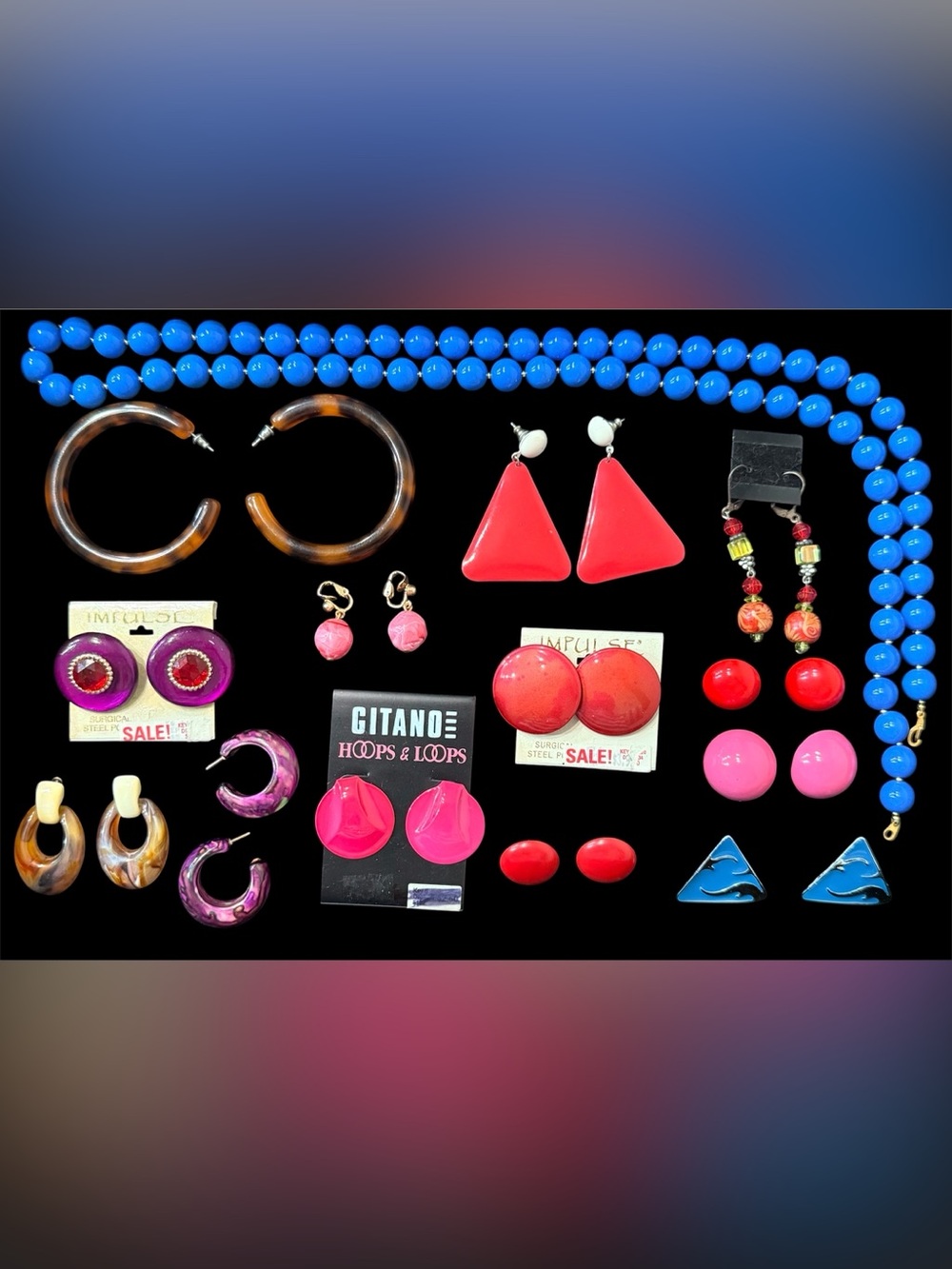Vintage Retro 70s 80s Costume Jewelry Lot – 13 Statement Earrings + Necklace